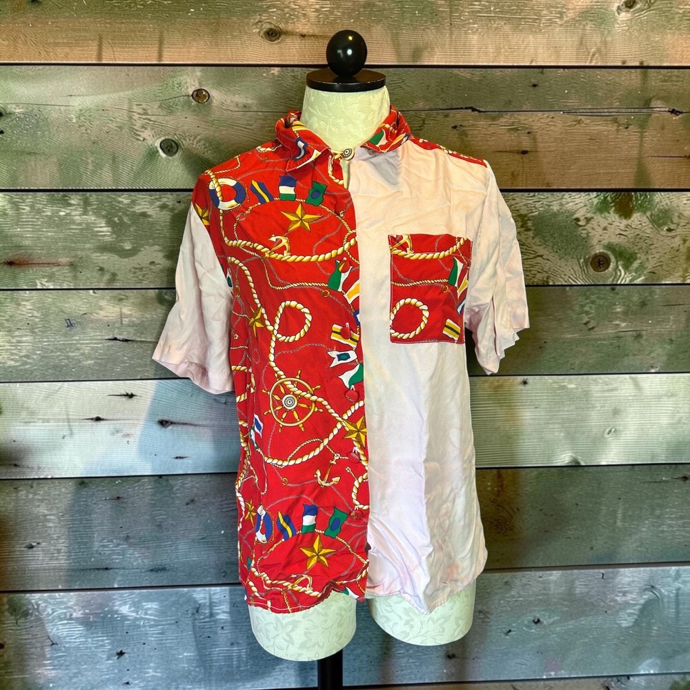 Bechamel Casual VTG Nautical Split‎ Print Rayon Button Down Shirt Red Sz M